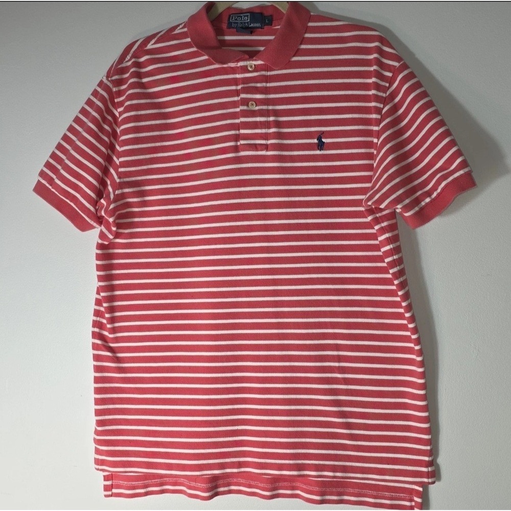 Vintage Polo Ralph Lauren Short Sleeve Polo Shirt Mens Sz L Orange White Stripes